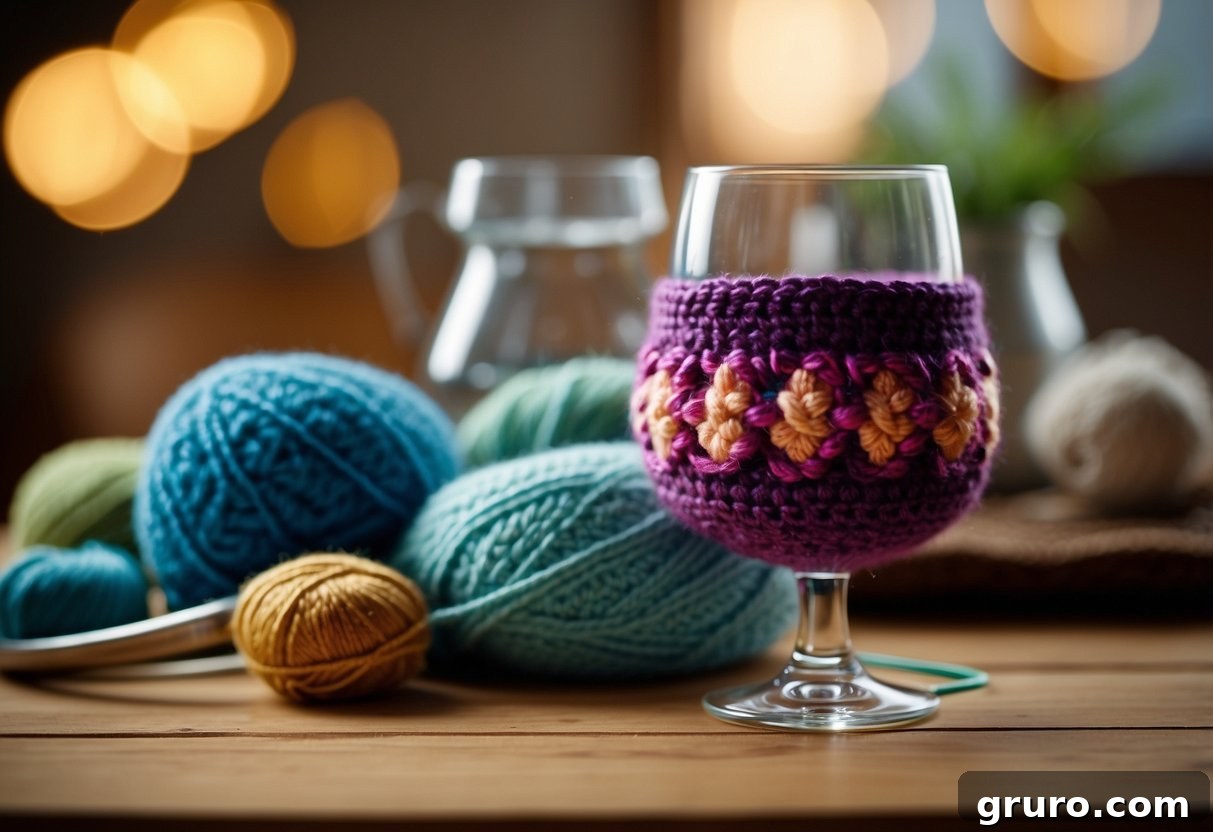 A wine glass cozy being crocheted in various patterns and colors, with yarn and crochet hooks scattered on a table