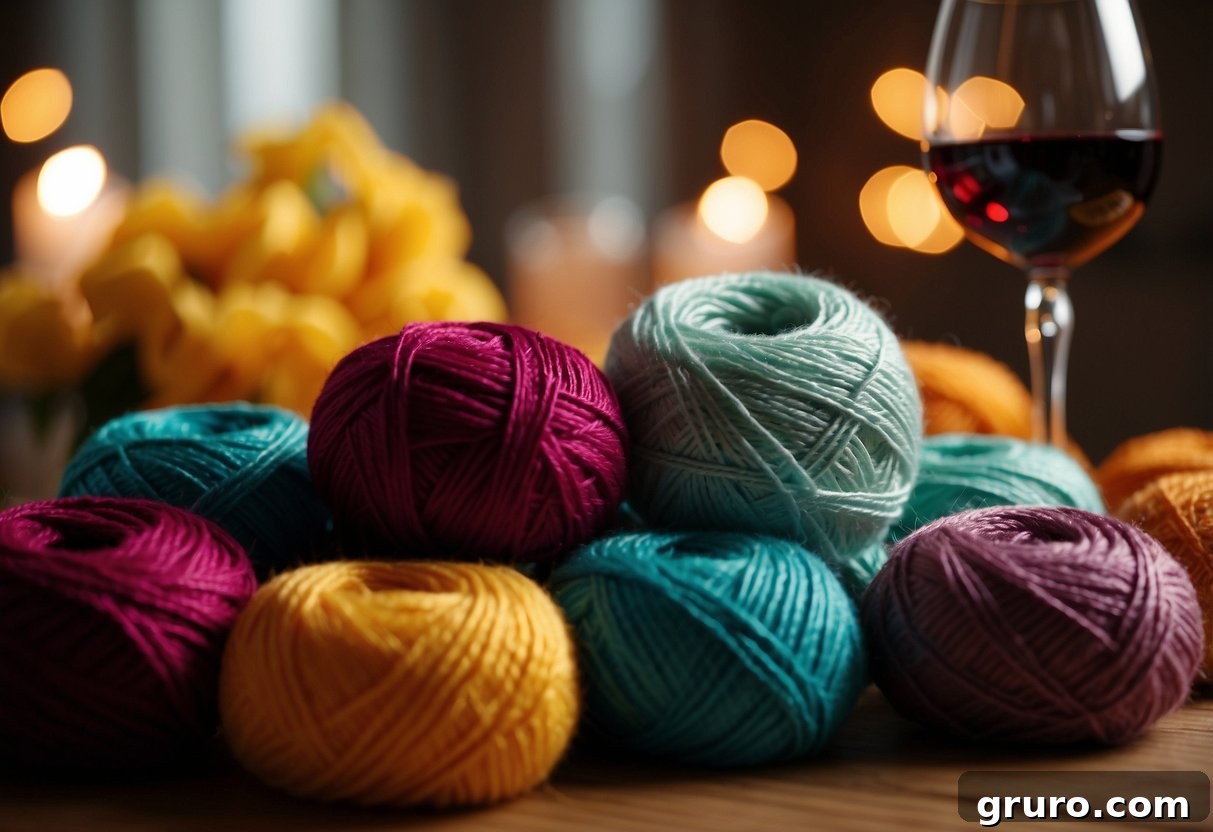 A hand reaches for colorful yarn skeins, a crochet hook, and a wine glass. A cozy pattern lays open on the table