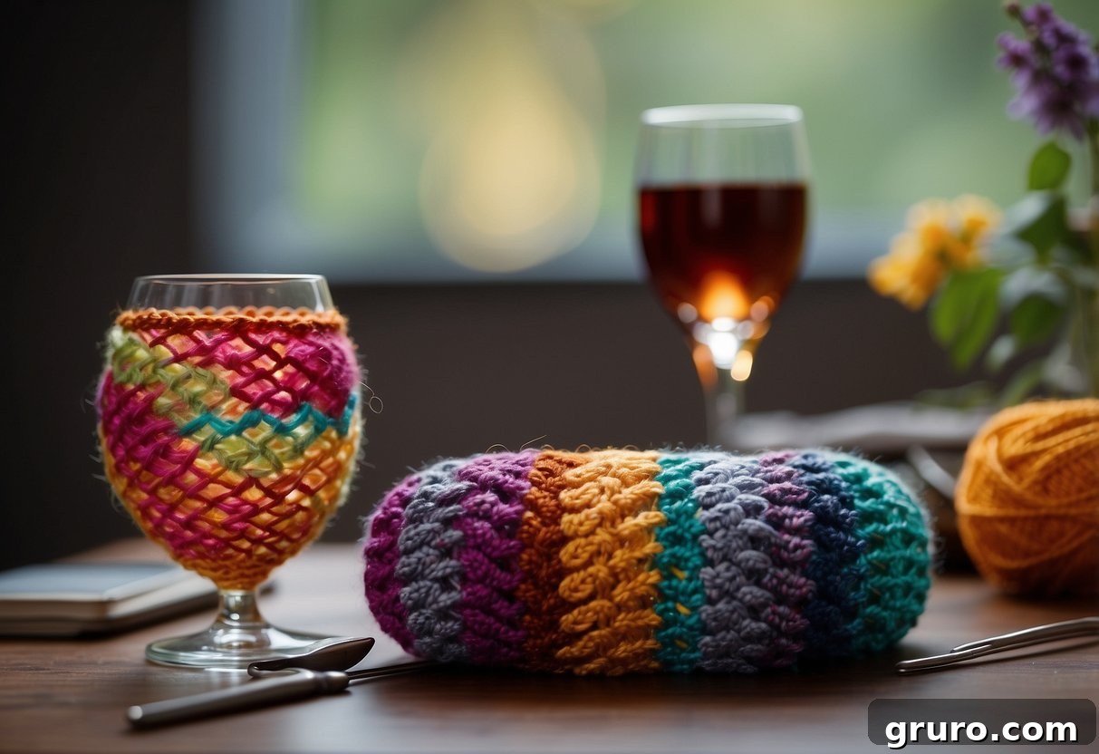 A wine glass cozy being crocheted with intricate patterns and colorful yarn, displayed alongside various crochet tools and materials