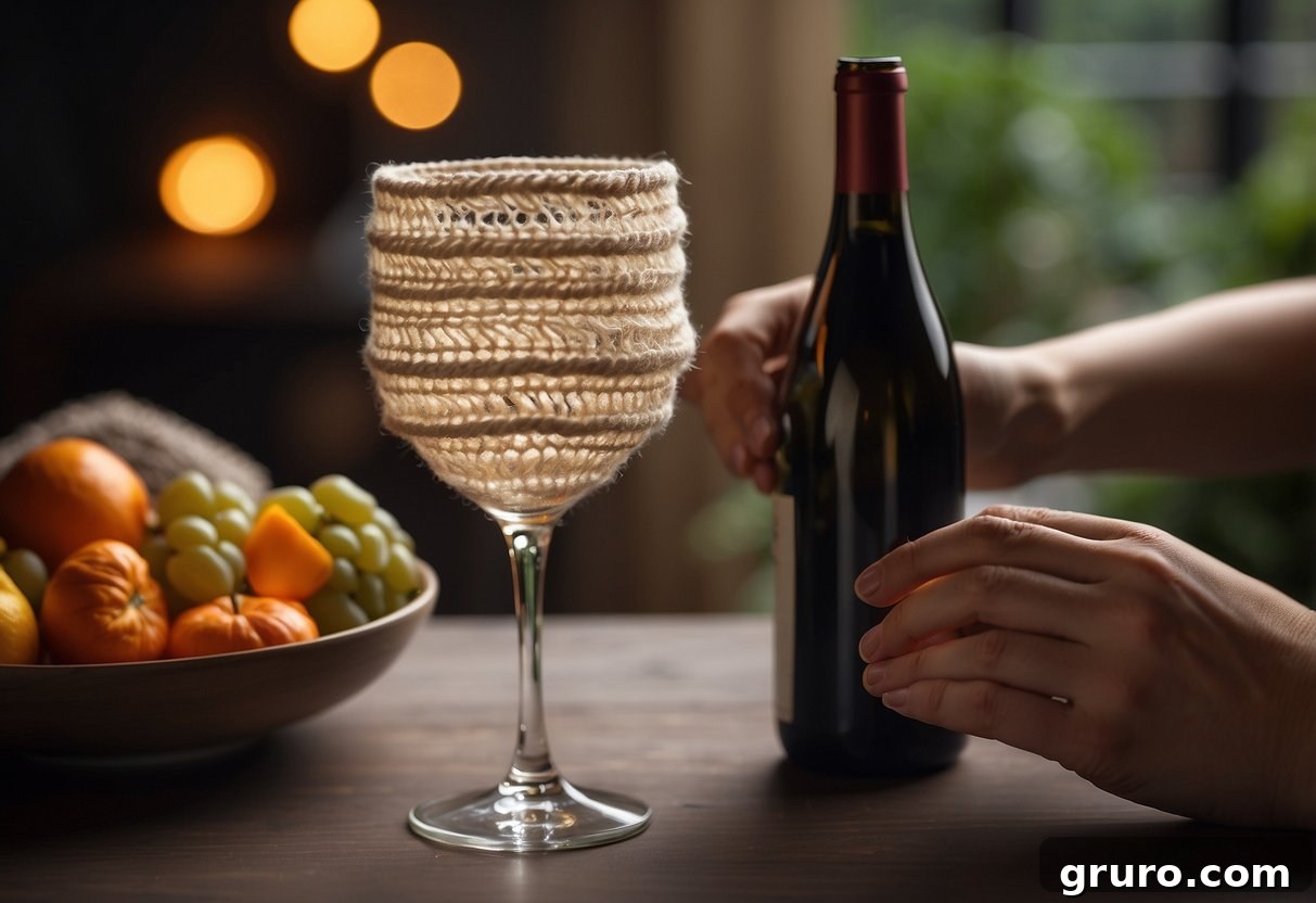 A wine glass cozy is being carefully crocheted with attention to detail and finishing touches. The cozy is being placed onto a wine glass, showcasing the final product