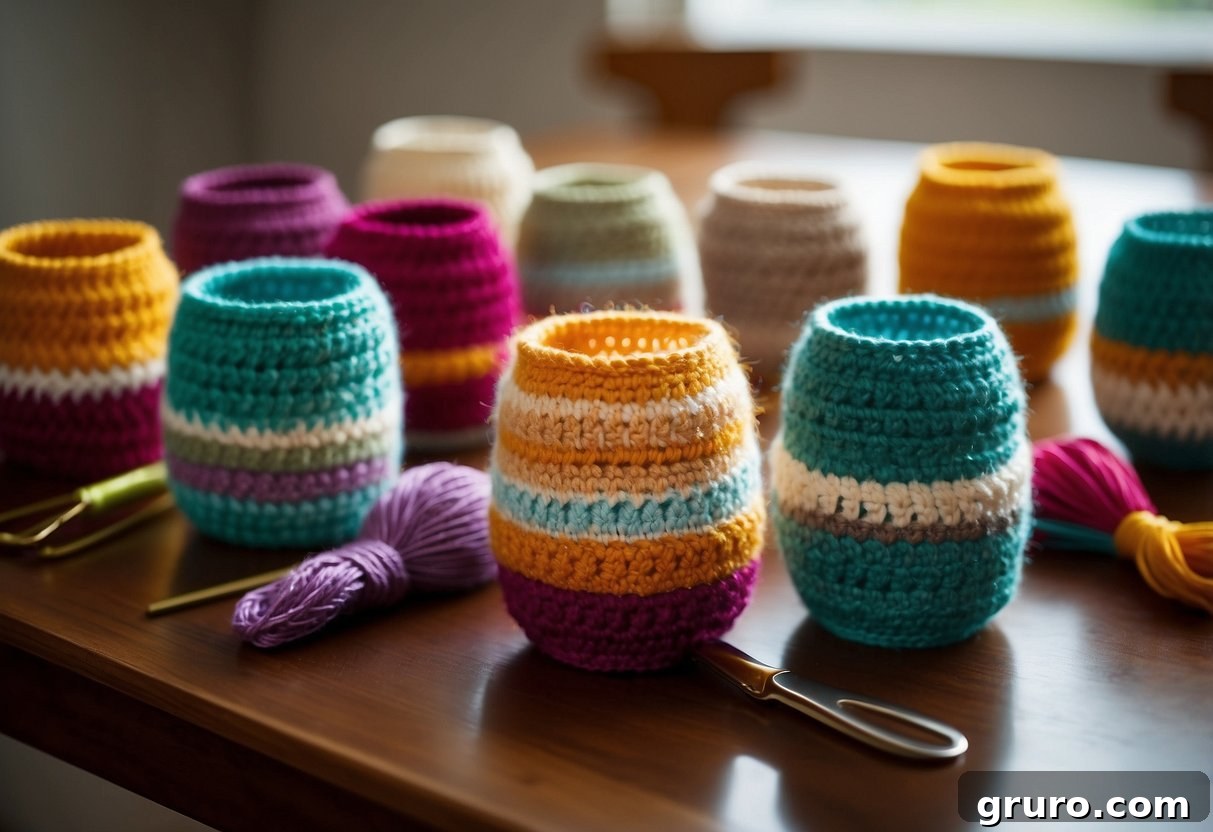 Colorful crochet wine glass cozies arranged on a table with yarn and crochet hooks nearby