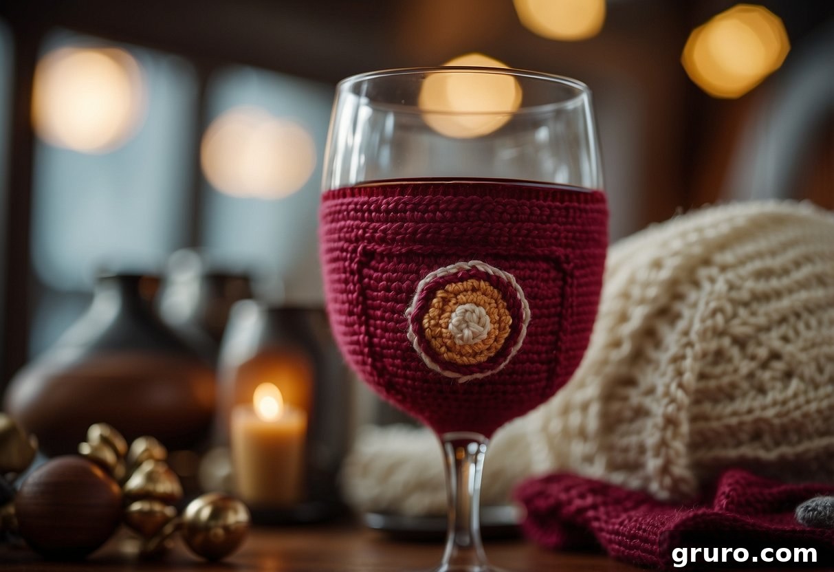 A cozy wine glass crochet pattern with safety symbols and legal disclaimers displayed prominently