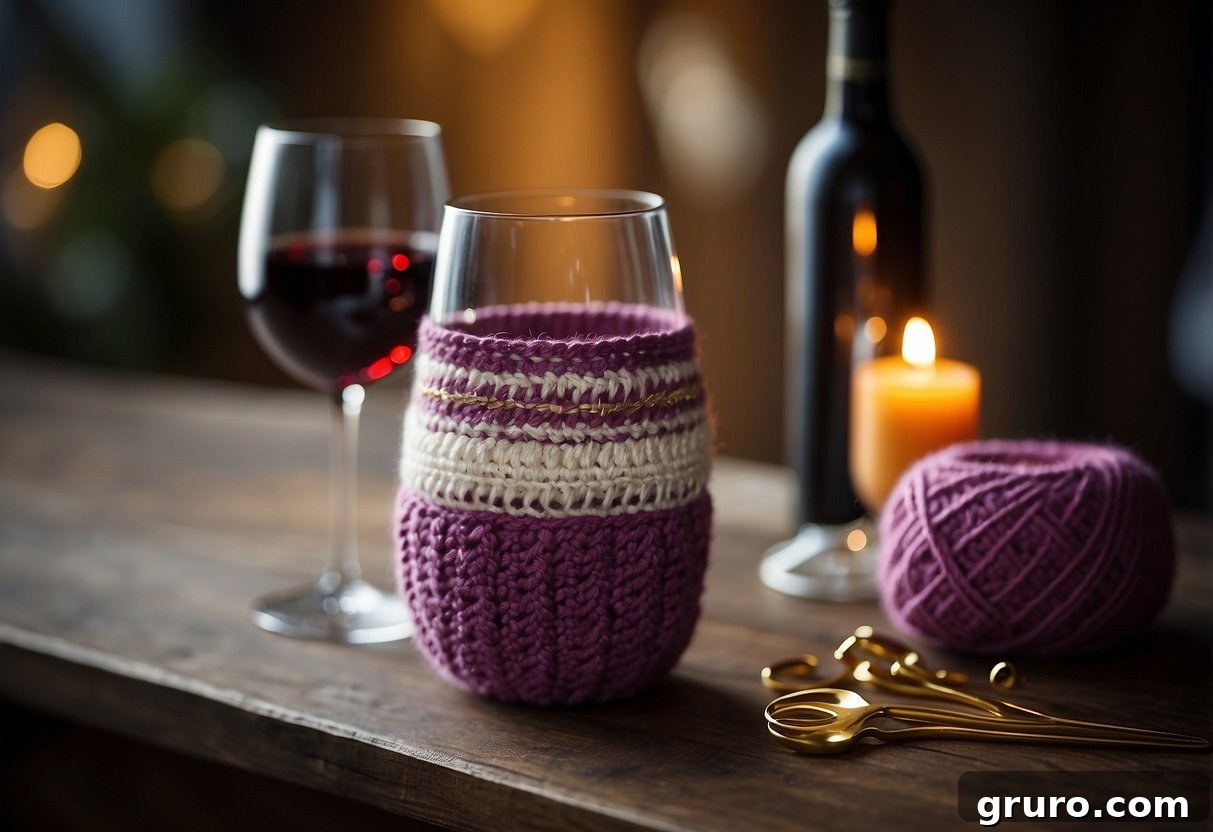 A wine glass cozy pattern with yarn, crochet hooks, and a finished cozy on a wine glass