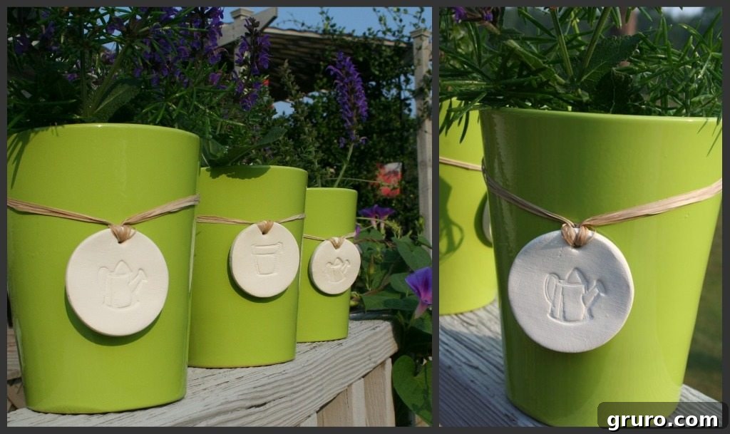 Flower Pot Clay Tag Inspiration A charming collage showcasing small, uniquely shaped air dry clay tags adorned with stamped designs, beautifully displayed on miniature flower pots and plants.
