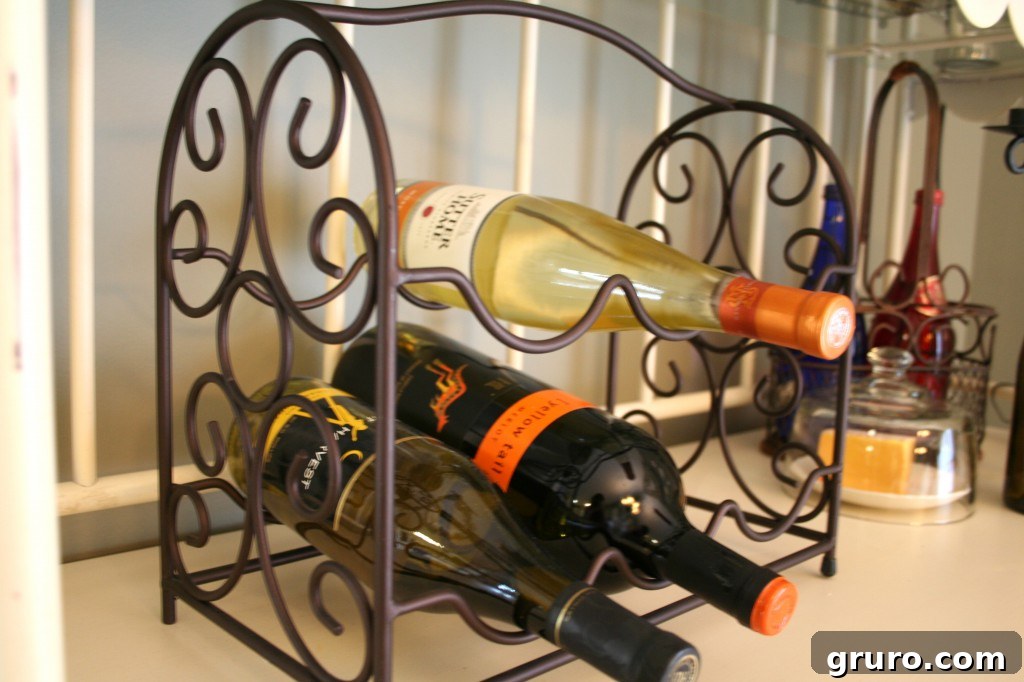 Wooden rack holding wine bottles, demonstrating its versatility as a wine holder