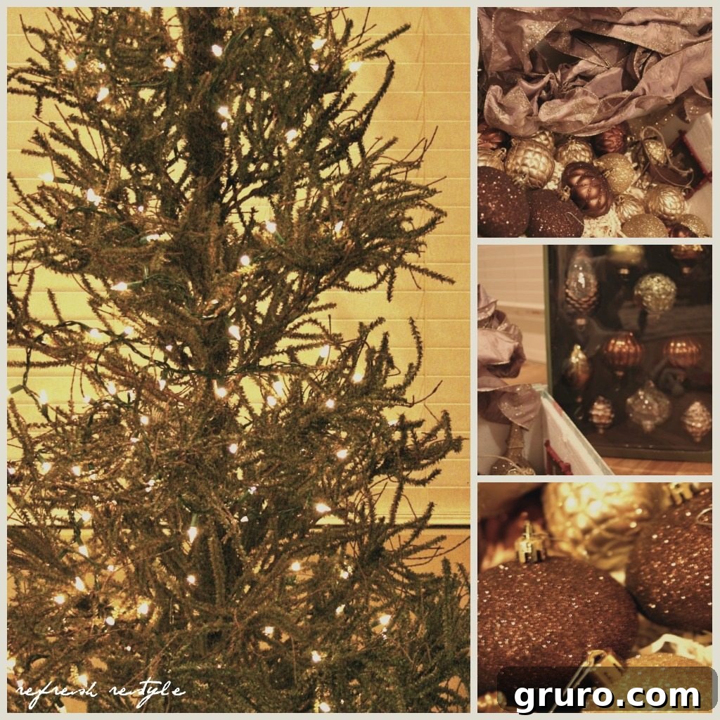 A unique Christmas tree with sparse, skinny branches, decorated with rustic, nature-inspired ornaments in a warm-toned room.