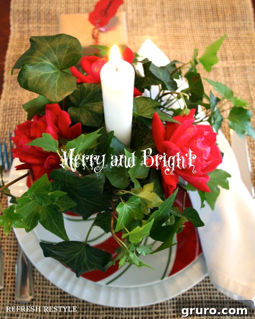 Festive Christmas centerpiece featuring a repurposed dish, candles, and fresh greenery