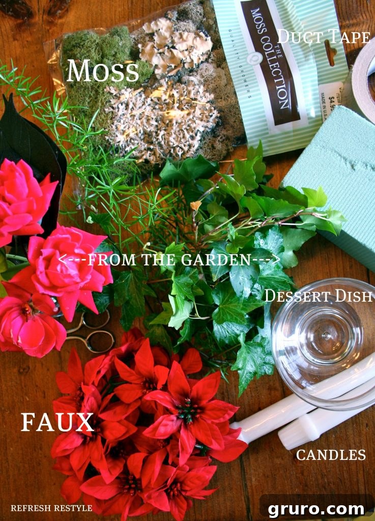 Close-up of a thrift store dessert dish transformed into a Christmas centerpiece base