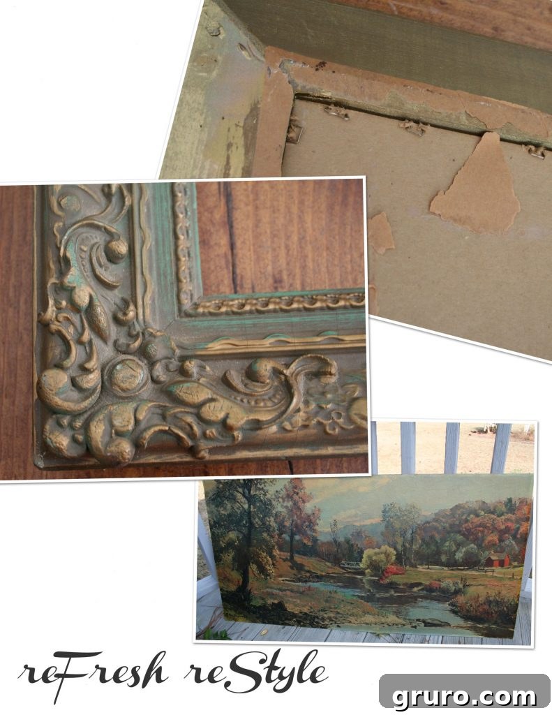 Close-up of the worn framed picture before repurposing