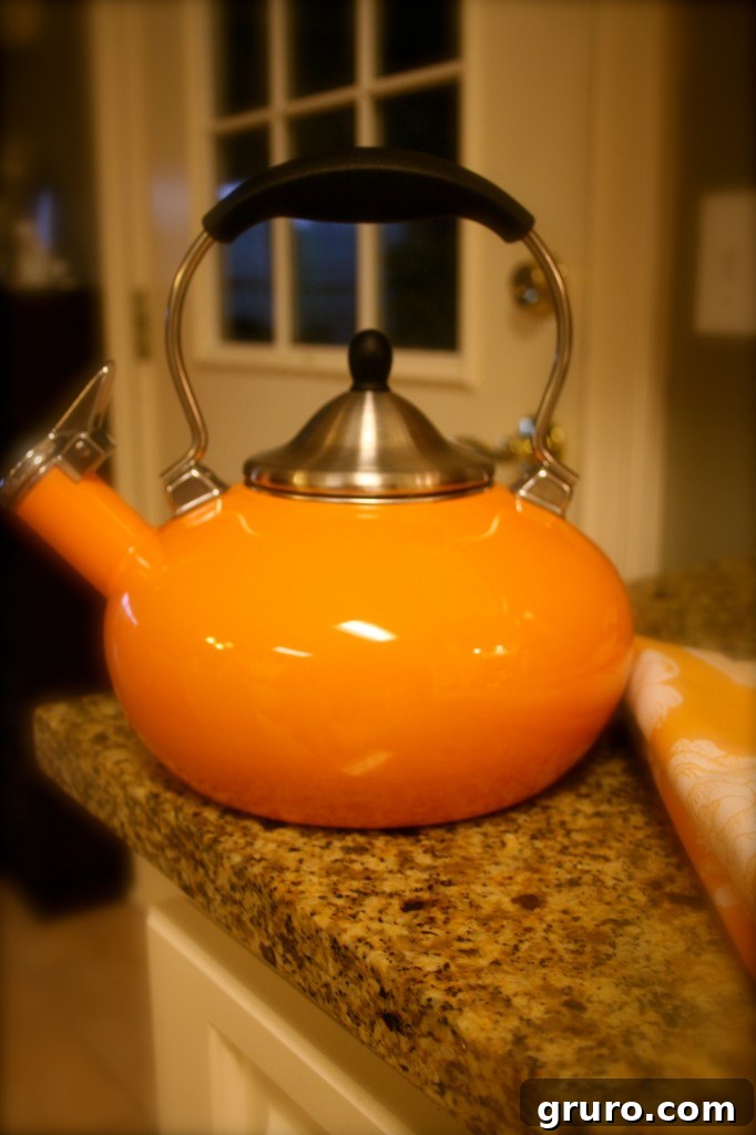 New Orange Tea Kettle in Kitchen