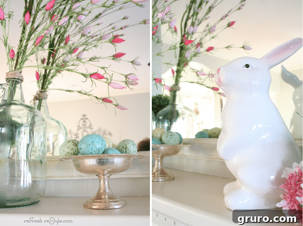 Close-up of pink flowers, decorative eggs, and bunny ears on a spring mantel