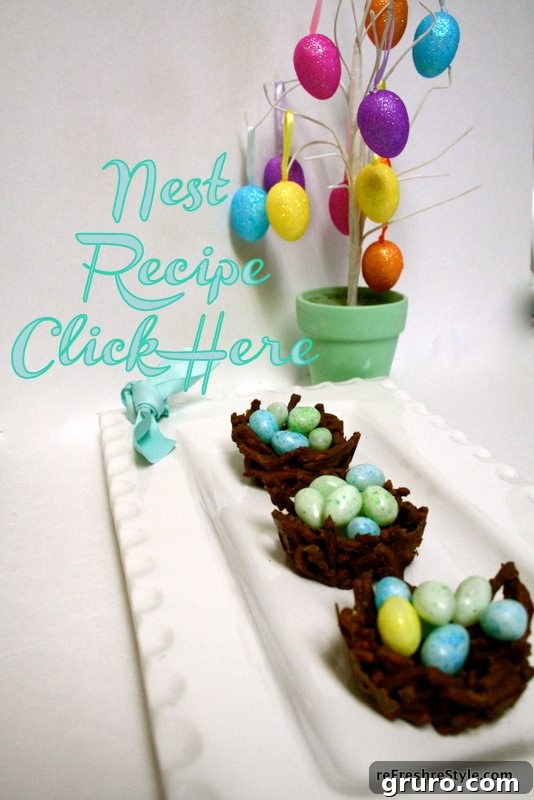 Chocolate Peanut Butter Nest dessert garnished with colorful candy eggs