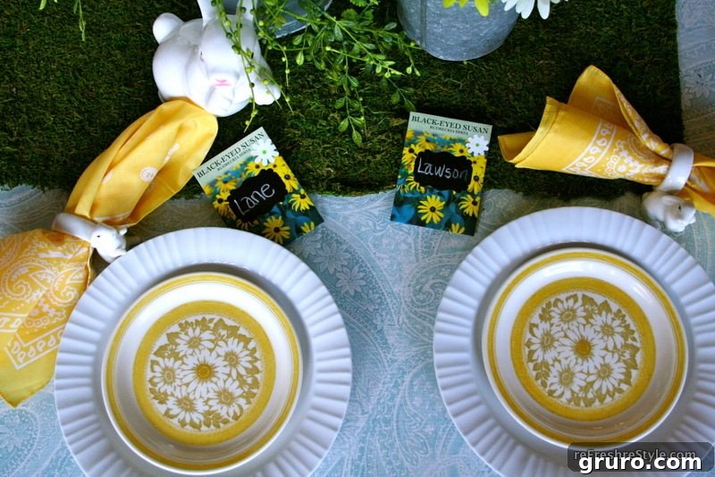 Inexpensive Spring Table Elements Complete spring table setting featuring everyday dishes, yellow bandanas, and bunny napkin rings