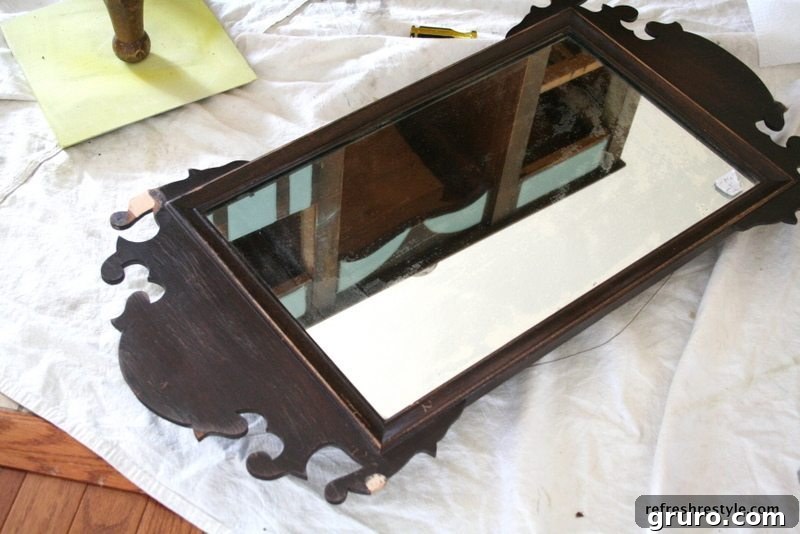 Vintage Mirror Before Makeover Close-up of the vintage mirror's distressed frame before makeover
