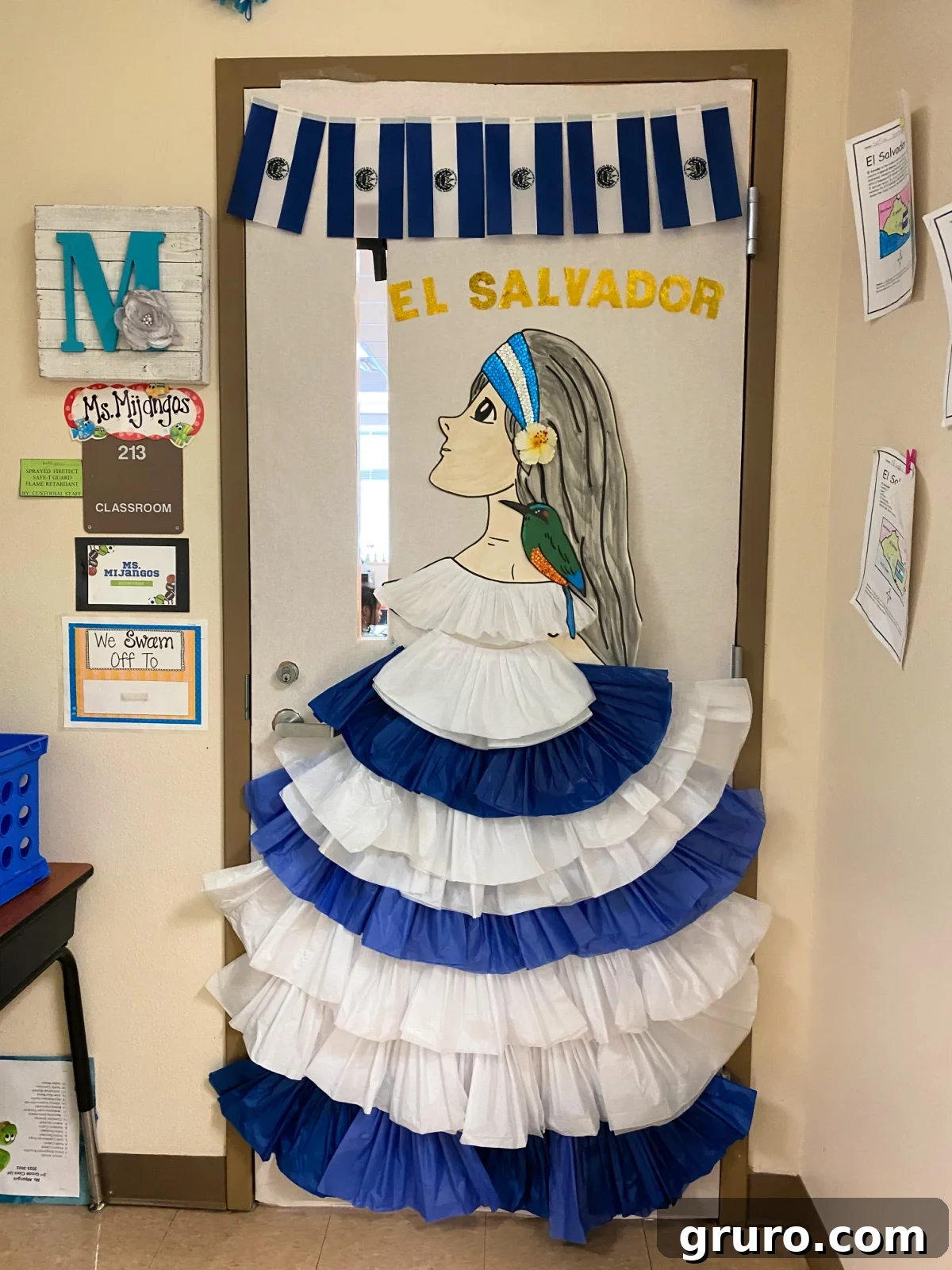 Hispanic Heritage Month Door Decor Ideas 12 White classroom door with a female in a white and blue dress with the words 'El Salvador' on the door.
