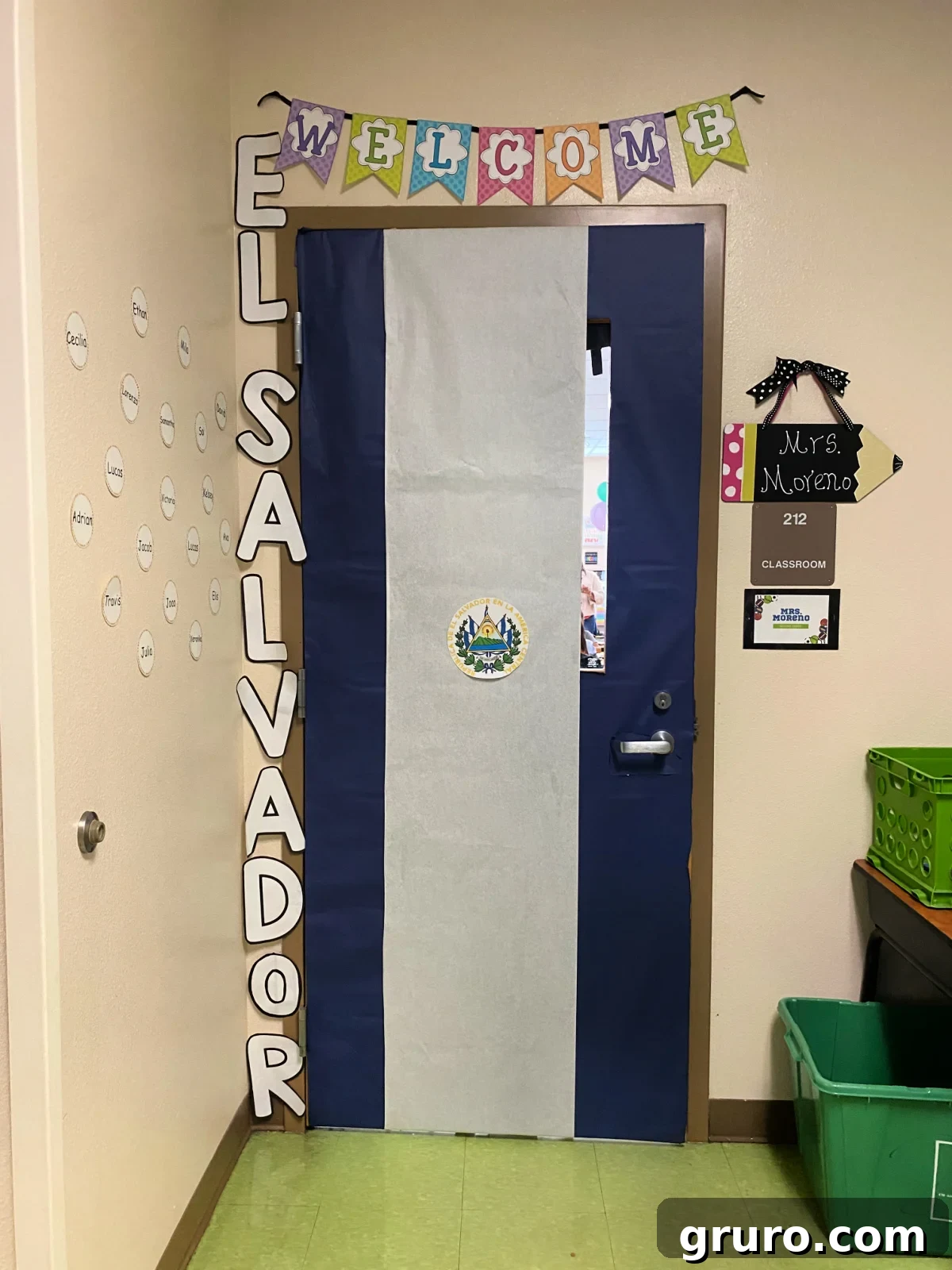 Hispanic Heritage Month Door Decor Ideas 13 Blue and White classroom door with the words 'El Salvador' next to the door.