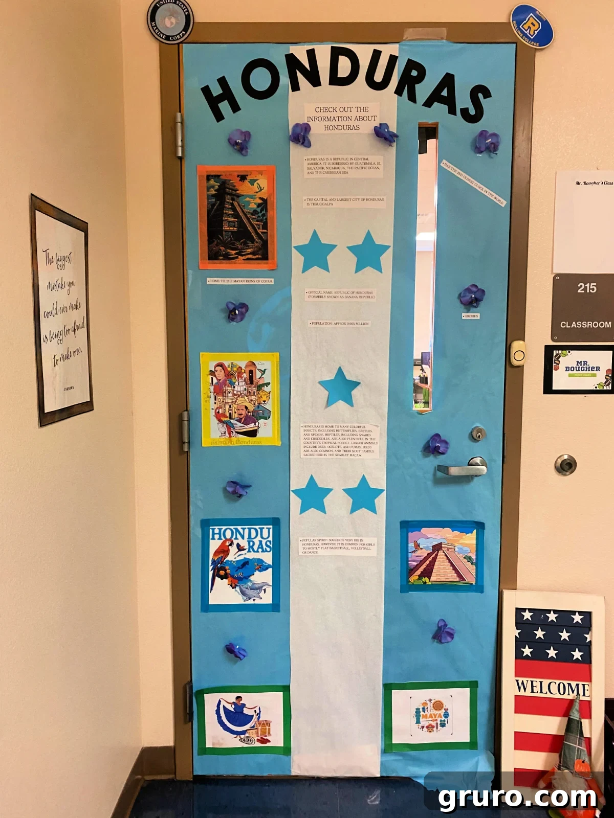 Hispanic Heritage Month Door Decor Ideas 16 Classroom door with the Honduras flag and facts about the country.