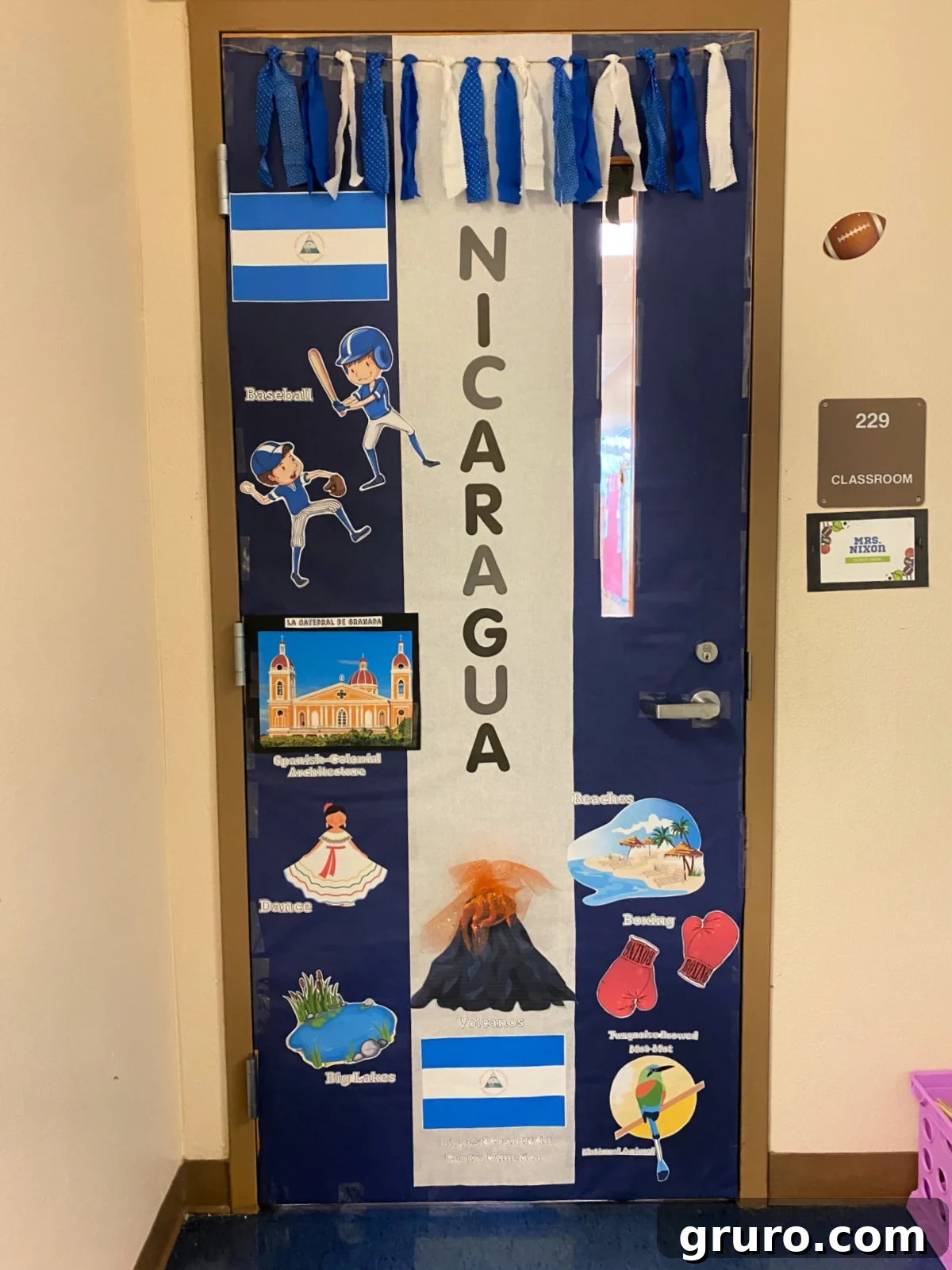 Hispanic Heritage Month Door Decor Ideas 18 Nicaragua themed school door with baseball, boxing, flamenco dancers, and volcano.