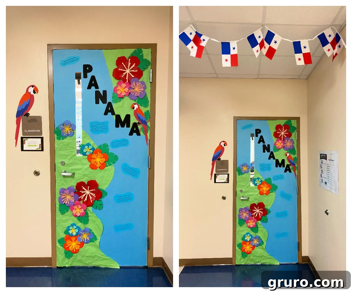 Hispanic Heritage Month Door Decor Ideas 19 Blue paper door with the word 'Panama' with facts in the ocean and greenery and hibiscus flowers on the sides.