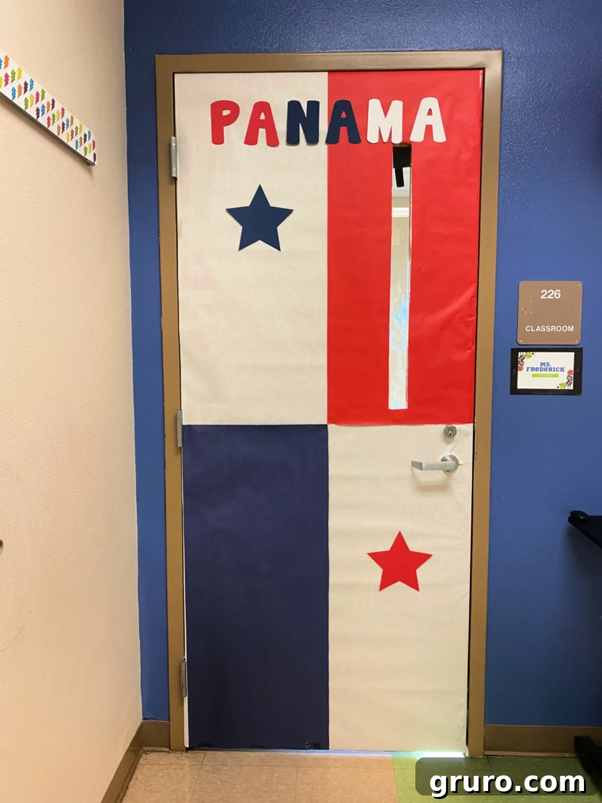 Hispanic Heritage Month Door Decor Ideas 20 Panama flag door with the word 'Panama'.
