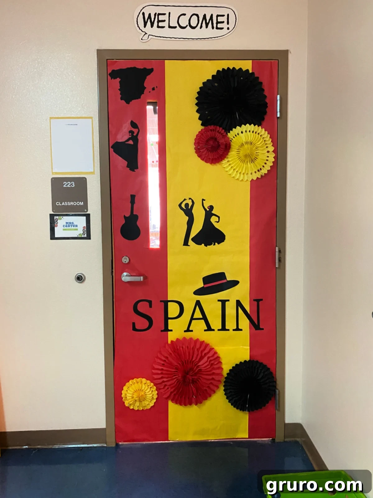 Hispanic Heritage Month Door Decor Ideas 23 Red and yellow door like the Spain flag with the word 'Spain'.