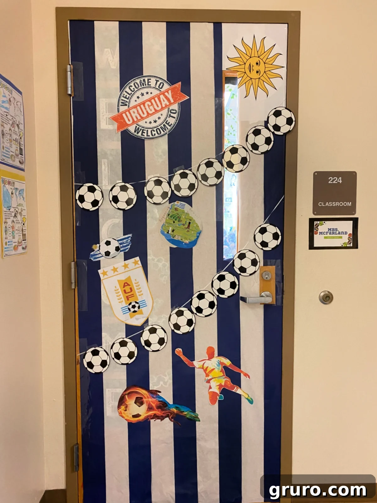 Hispanic Heritage Month Door Decor Ideas 24 Blue and white striped door that says Welcome to Uruguay with soccer ball banner.