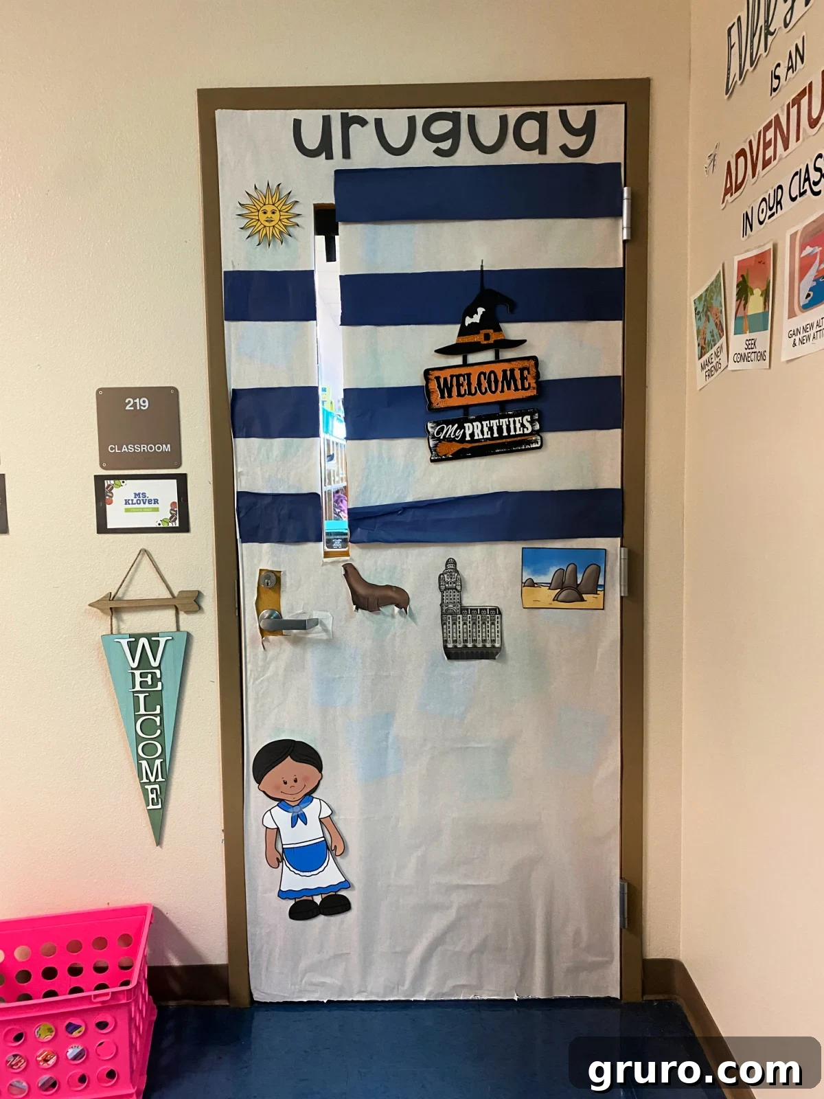 Hispanic Heritage Month Door Decor Ideas 25 White and blue striped door with the words Uruguay.