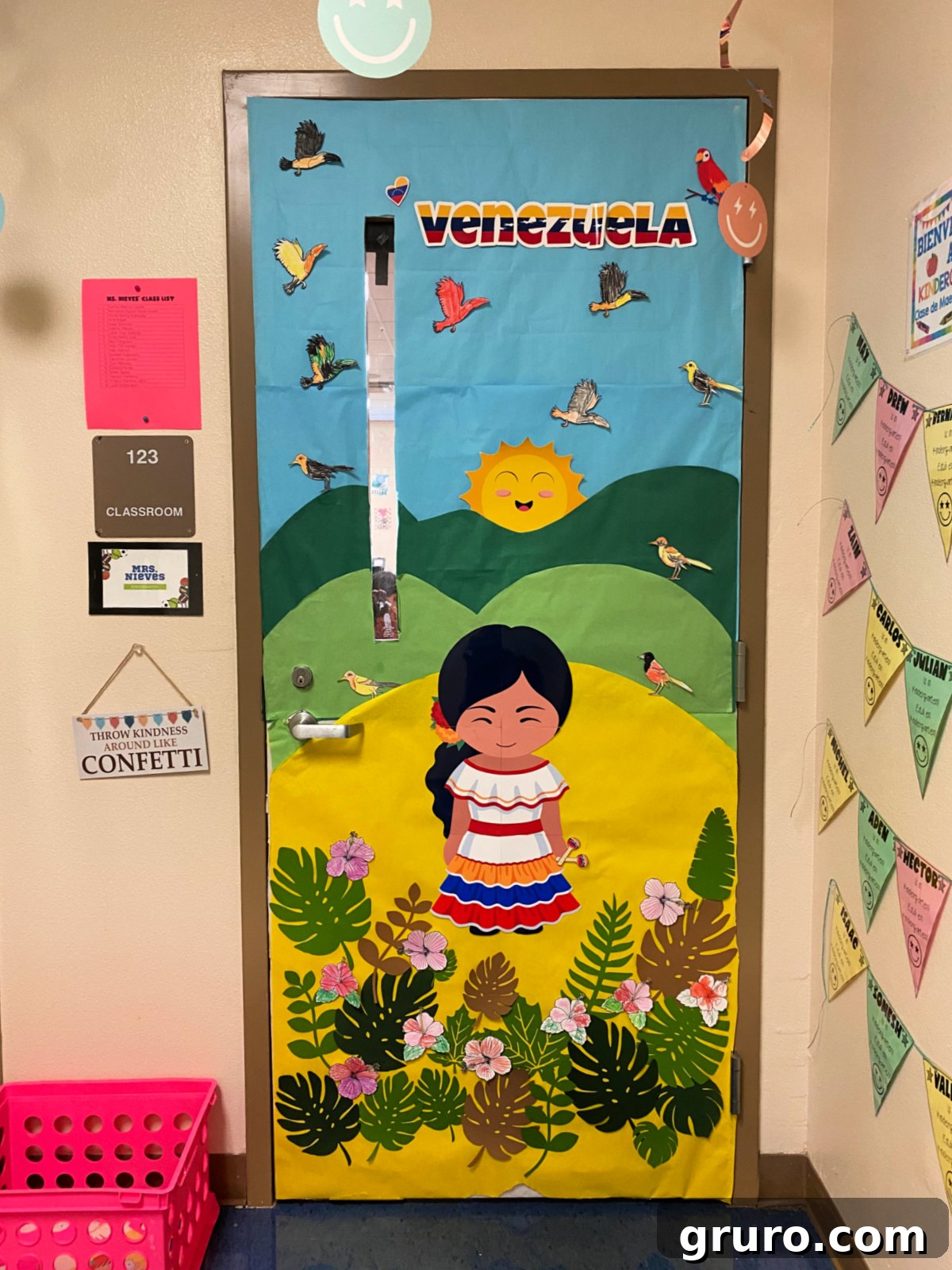 Hispanic Heritage Month Door Decor Ideas 26 Mountainside door with a girl that says Venezuela.