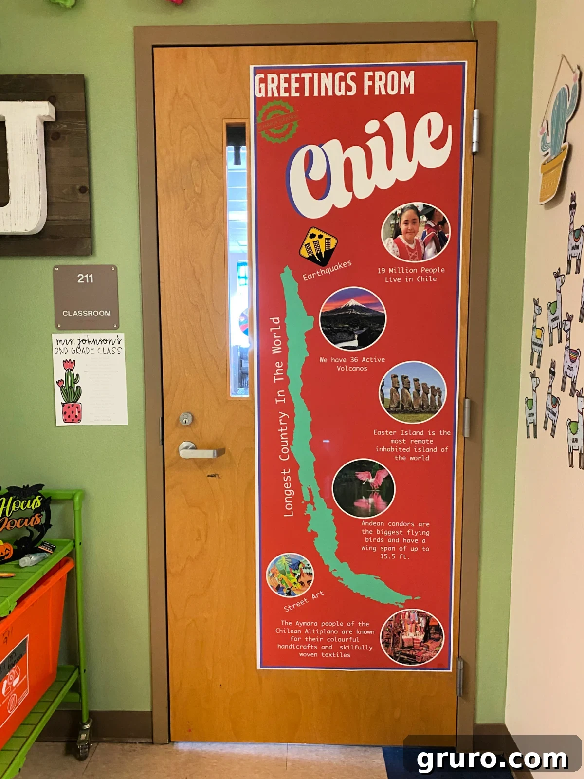 Hispanic Heritage Month Door Decor Ideas 5 Classroom door with a red banner that says Greetings from Chile.