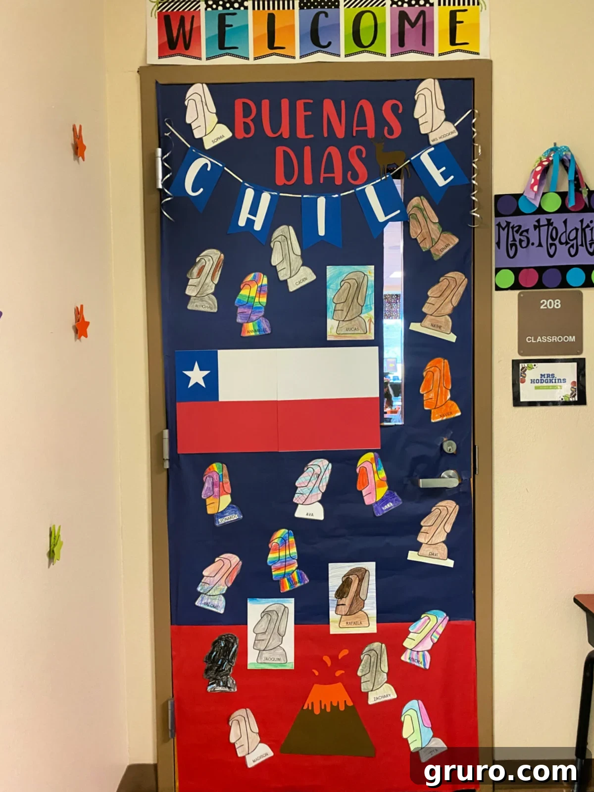 Hispanic Heritage Month Door Decor Ideas 6 Blue and red door that says Buenas Dias Chile with colored stone heads.