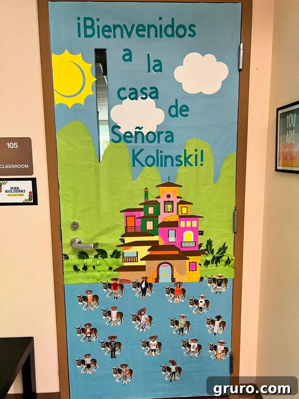 Hispanic Heritage Month Door Decor Ideas 7 Blue classroom door that has a cassita with the words 'Bienvenidos a la casa de Senora Kolinski!'