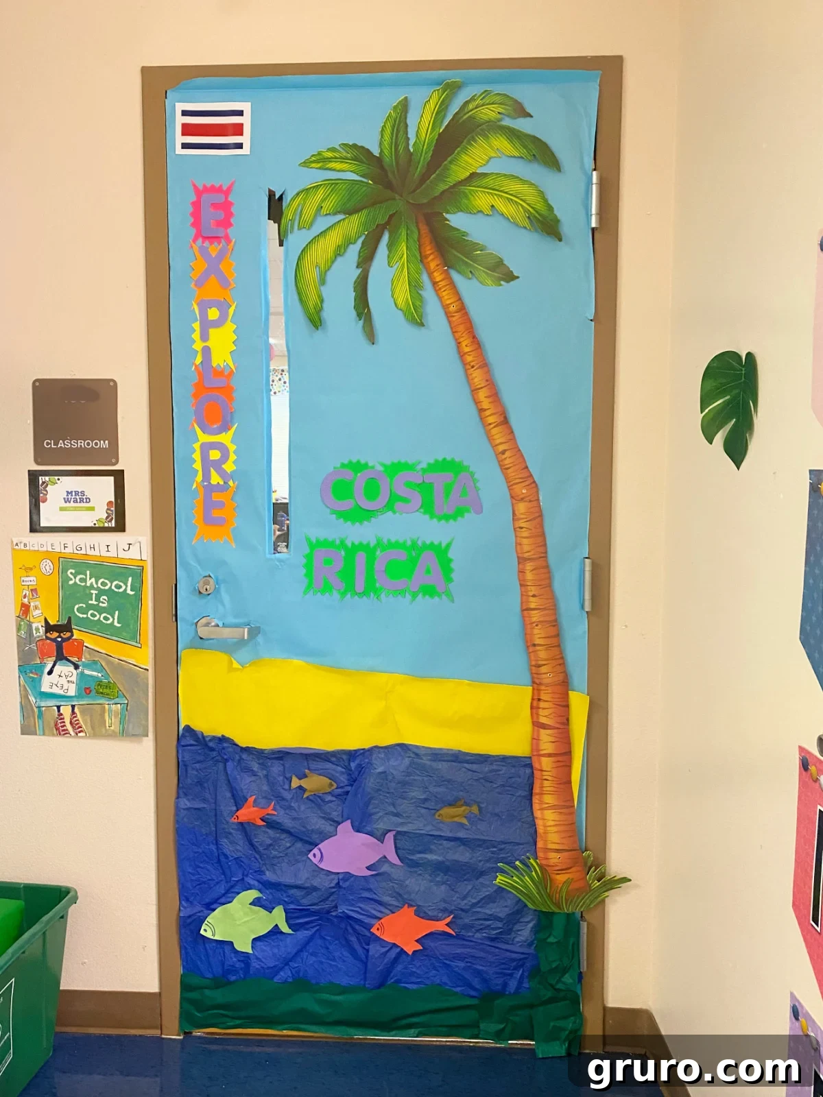 Hispanic Heritage Month Door Decor Ideas 9 Blue classroom door with a palm tree and the ocean with the words 'Costa Rica'